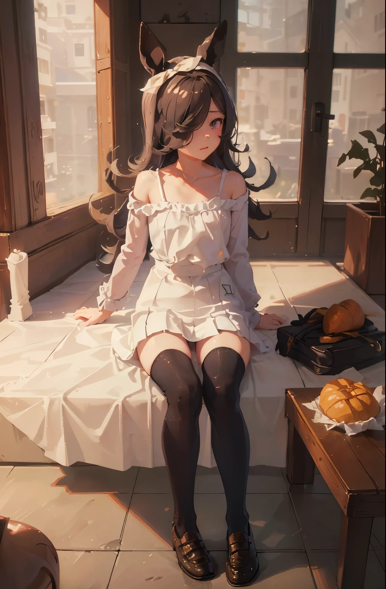 rice shower,,(sitting panty shot)、facing this way、((I can see white panties))、((small bust))、Sheer clothes、black pleated mini skirt、black knee high socks、loafers,(highest quality、4k、8k、high resolution、masterpiece:1.2)、Super detailed、(photorealistic:1.37)、Portrait、sharp focus、feminine、delicate、white skin、subtle curves、gentle expression、soft lighting、Bright colors、artistic atmosphere,