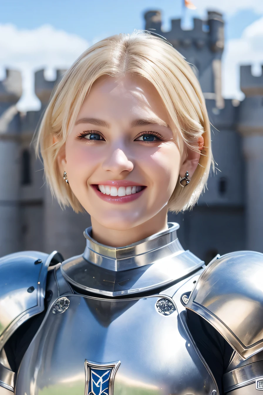 ８Ｋ、highest quality、female knight、The background is a castle、Luxurious Silver Armor、heavy equipment、hairstyle short cut、smile、beautiful teeth、full body photo、ear piercing、white woman、blonde hair、blue eyes、Gummy Smile、The background is a cloudy sky、heavy makeup

