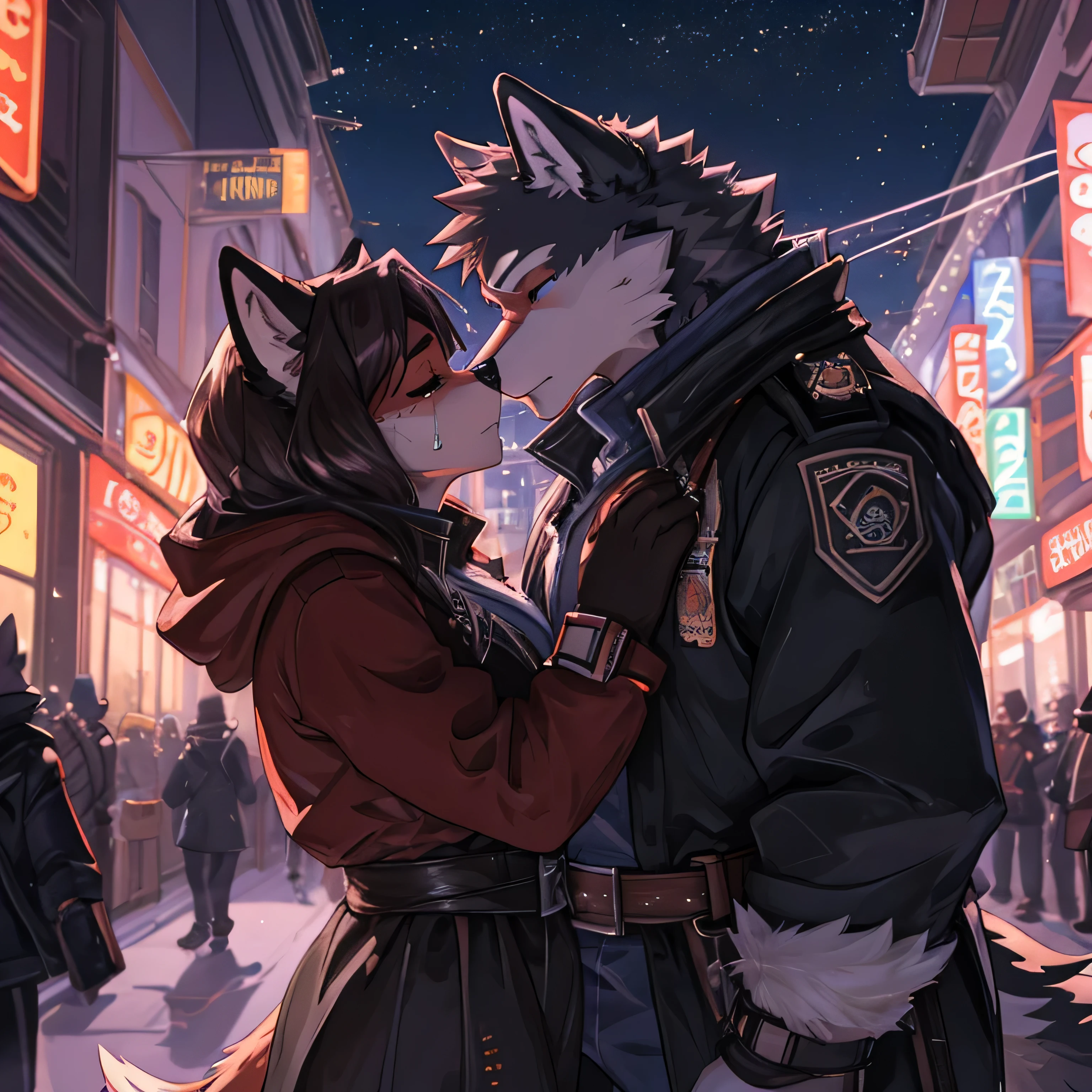 Double, male wolf, and female fox hugging each other, eyes close, civilian, crying, city, street, jacket, eyes crying, night, alone