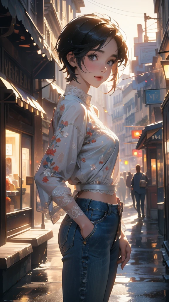 (Highly detailed CG unit 8k wallpaper, masterpiece, High resolution, highest quality, natural skin texture), Composition from head to stomach:1.5, (20 year old woman, Hands in pockets pose:1.3, smile, detailed eyes, gradient eyes), (Stalgic Fashion, detailed costume, fine embroidery, White lace stitch textured blouse, No sleeve, skinny jeans, Asymmetrical short hair:1.2), (Backstreets of Paris:1.3, Colourful flower beds along the road, cinematic lighting), high contrast, hyper realistic, digital painting, concept art,