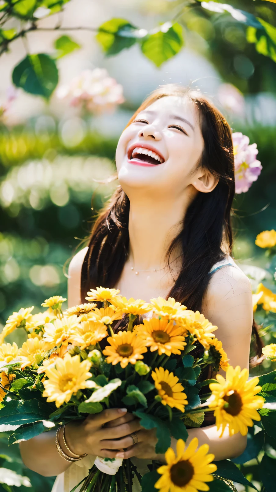 (Raw photo, highest quality), (64K, highest quality, masterpiece: 1.2), Super detailed, super resolution, a beautiful girl, with flowers, (huge Laughing:1.2), (open mouth:1.1), (wide open eyes)