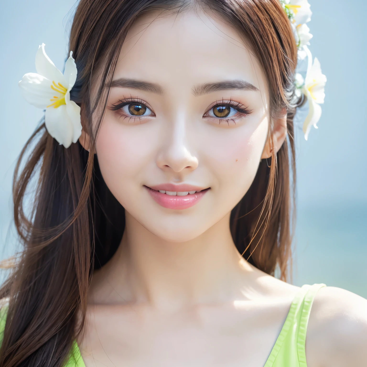 (highest quality、table top、8K、best image quality、Award-winning work)、one beautiful woman、Shining beautiful skin、Shining ultra-high definition skin、(accurate anatomy:1.3)、A gentle smile looks at me、(close up of face:1.3)、Standing gracefully、(Blurred pure white background:1.1)、portrait photography、(very bright and vivid:1.1)、very romantic、光を受けてShining beautiful skin、(very bright and refreshing:1.1)、(the most detailed and perfect face:1.1)、(most detailed glowing eyes:1.1)、(beautiful and moisturized skin:1.1)、(1 person:1.1)、ultra high definition hair、Ultra-high resolution face、Ultra high definition eyes