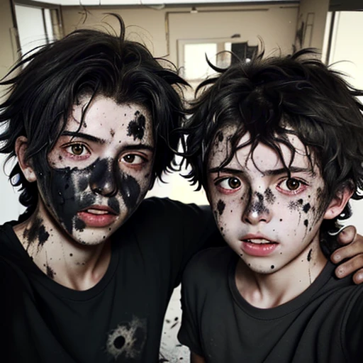 Selfie of two boys covered in soot and with messy hair after being caught in an explosion