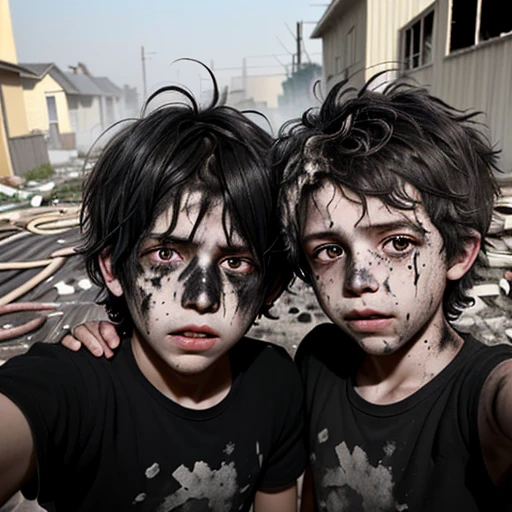 caught in an explosion、A selfie of three boys covered in soot, with messy hair and charred, tattered clothes