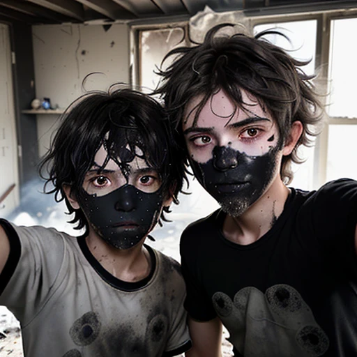 Selfie of two boys covered in soot and with messy hair after being caught in an explosion