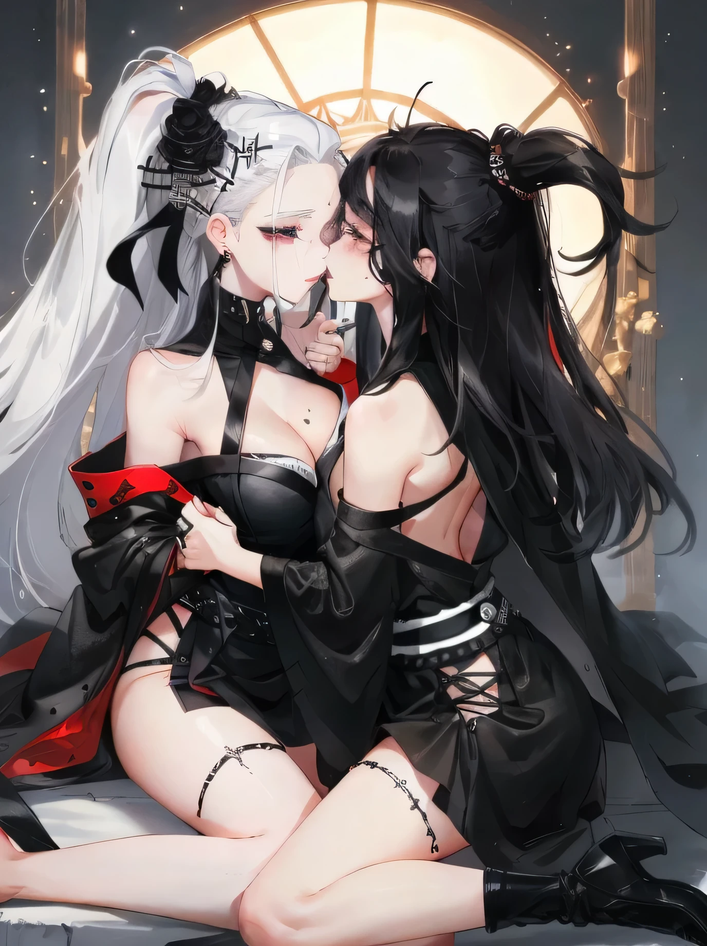 Two women kisasterpiece, best quality, high quality, ultra detailed, 1girl, looking at viewer, white hair, gray eyes, black lipstick, black shirt, sitting on a white floor, demon girl, gothcore, 1 7 -  - old,th girl, japanese gothic, gothic punk style, black metal style, hands on head,.yurikiss、Girl kissing girl、