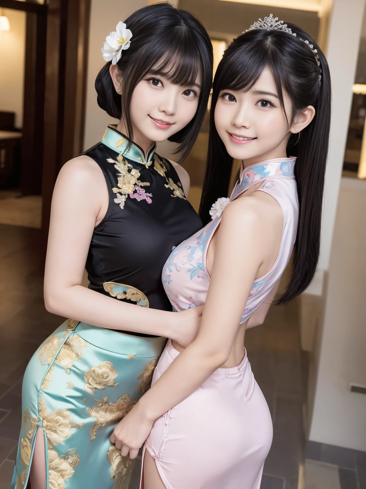 (Two women with different hairstyles、Pichi Pichi cheongsam、micro mini skirt、side slit、sleeveless、Brightly embroidered clothes、Beautiful floral hair ornament、black hair、smile、beautiful skin、chinese palace、ass、Are standing、looking at me、beautiful teeth alignment、)professional lighting、slender、adult woman、Big breasts that are about to explode、big ass、seductive thighs、