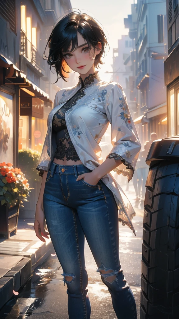 (Highly detailed CG unit 8k wallpaper, masterpiece, High resolution, highest quality, natural skin texture), Composition from head to stomach:1.5, (20 year old woman, Hands in pockets pose:1.3, smile, detailed eyes, gradient eyes), (Stalgic Fashion, detailed costume, fine embroidery, White lace stitch textured blouse, No sleeve:1.2, skinny jeans, Asymmetrical short hair:1.2), (Backstreets of Paris:1.3, Colourful flower beds along the road, cinematic lighting), high contrast, hyper realistic, digital painting, concept art,