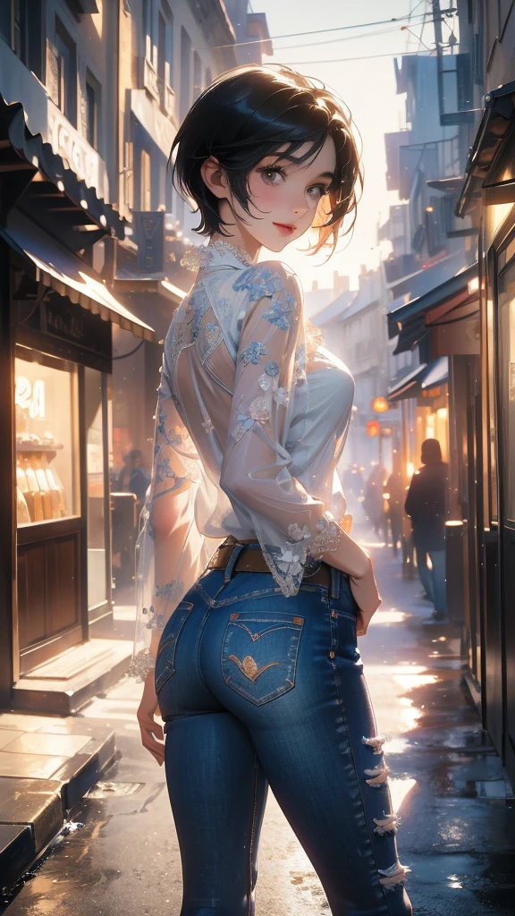 (Highly detailed CG unit 8k wallpaper, masterpiece, High resolution, highest quality, natural skin texture), Composition from head to stomach:1.5, (20 year old woman, Hands in pockets pose:1.3, smile, detailed eyes, gradient eyes), (Stalgic Fashion, detailed costume, fine embroidery, White lace stitch textured blouse, No sleeve:1.2, skinny jeans, Asymmetrical short hair:1.2), (Backstreets of Paris:1.3, Colourful flower beds along the road, cinematic lighting), high contrast, hyper realistic, digital painting, concept art,
