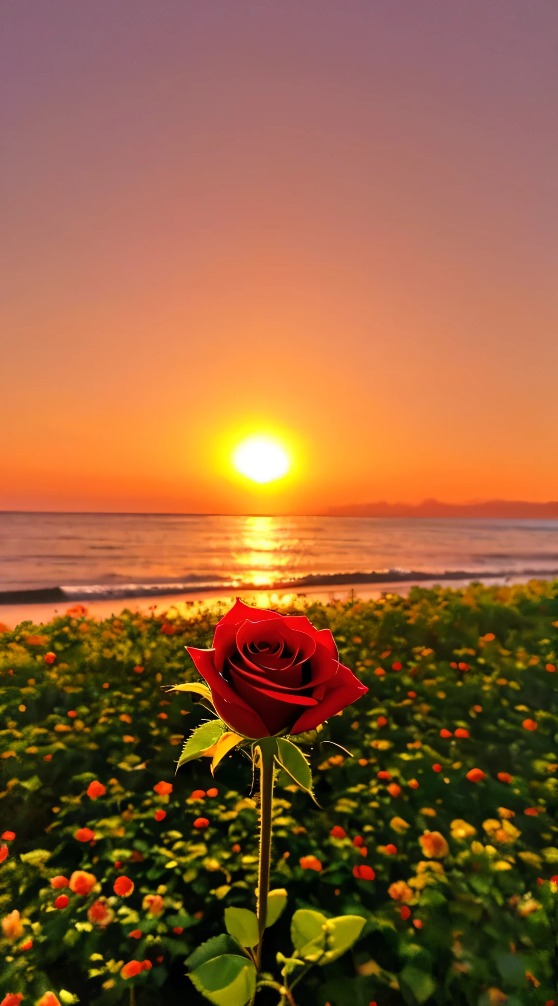 close-up, a rose, The background is a gorgeous sunset at the seaside, real texture, warm