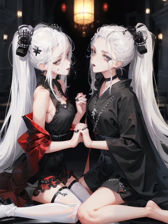 Two women kisasterpiece, best quality, high quality, ultra detailed, 1girl, looking at viewer, white hair, gray eyes, black lipstick, black shirt, sitting on a white floor, demon girl, gothcore, 1 7 - year - old, goth girl, japanese gothic, gothic punk style, black metal style, hands on head,.yurikiss、Girl kissing girl、