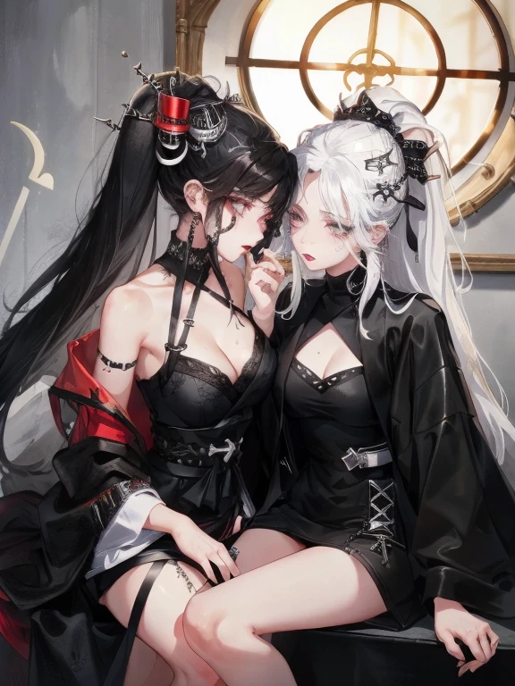 Two women kisasterpiece, best quality, high quality, ultra detailed, 1girl, looking at viewer, white hair, gray eyes, black lipstick, black shirt, sitting on a white floor, demon girl, gothcore, 1 7 - year - old, goth girl, japanese gothic, gothic punk style, black metal style, hands on head,.yurikiss、Girl kissing girl、