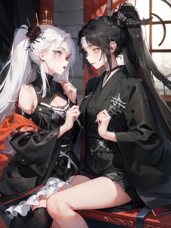 Two women kisasterpiece, best quality, high quality, ultra detailed, 1girl, looking at viewer, white hair, gray eyes, black lipstick, black shirt, sitting on a white floor, demon girl, gothcore, 1 7 -  - old,th girl, japanese gothic, gothic punk style, black metal style, hands on head,.yurikiss、Girl kissing girl、