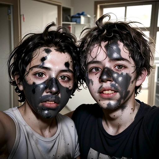Selfie of two boys covered in soot and with messy hair after being caught in an explosion