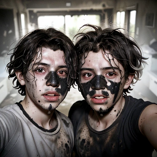 Selfie of two boys covered in soot and with messy hair after being caught in an explosion