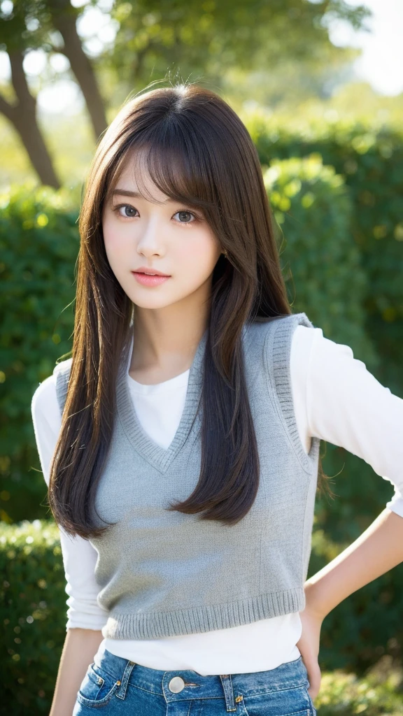 (lifelike, high resolution:1.3), 1 girl with perfect figure, The face shape and eyes are super delicate,long hair, random color vest:1.2, Short jeans, Dabubu