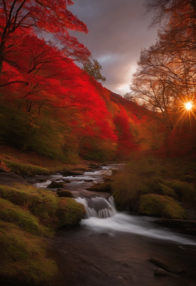 Red maple trees, a few red maple leaves in the foreground, between valleys, streams, long exposure, sunset, a little light