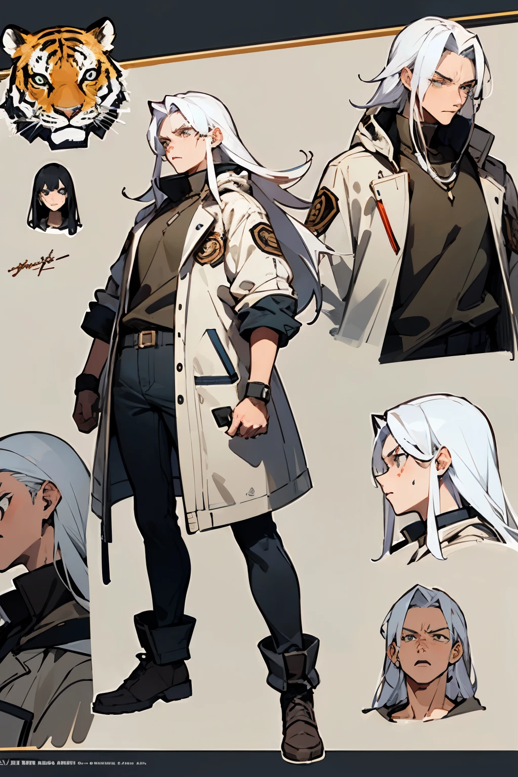 ((best quality)), ((masterpiece)), (detailed), perfect face, male, tiger, character sheet, full body, angry, half human, jungle, tanned, white hair, long hair, long jacket