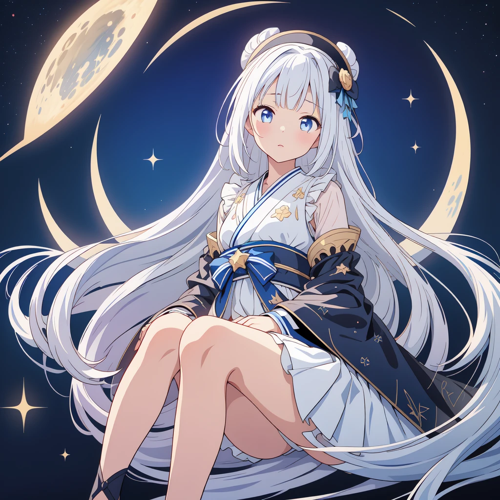 sitting on the crescent moon、(masterpiece, best quality), 1girl,  1girl、vtuber-fullbody、Star Fairy、「A beautifully printed galaxy patterned kimono and gothic lolita outfit.、Space pattern box pleated mini skirt with ruffles、Front full body portrait、enchanting eyes、Perfect and stunning face、exquisite details、clear image、highest quality。」Milky white and light blue gradient straight long hair、