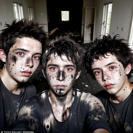 Selfie of three boys covered in soot and with messy hair after being caught in an explosion