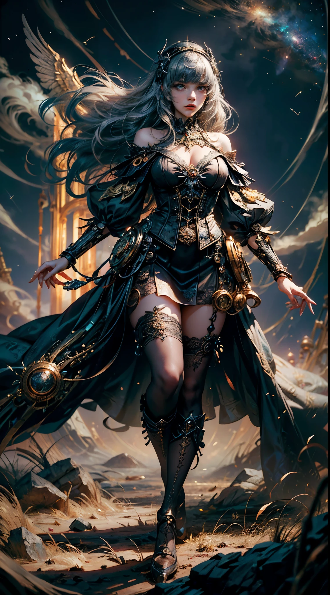 Wizard girl.
(((masterpiece, best quality, raw photo, photorealistic, depth of field, ultra detailed, detailed face, very precise eyes))), Dynamic Action Pose, Invoke Magic, Mechanical Magic Weapons, very slender long legs, lace stockings on the knee, steampunk headgear, fluttering lace flared mini skirt, off-shoulder fashion with a fusion of detailed and intricate steampunk and detailed gothic ta, upward and beautiful small breasts, (((Thick bangs))), princess cut, Clean long silver hair, long vertical curly hair, wind driven, futuristic complex steampunk factory background, infinite dark universe, flying celestial bodies, countless celestial neon lights raining down from the heavens, cinematic lighting decoration.