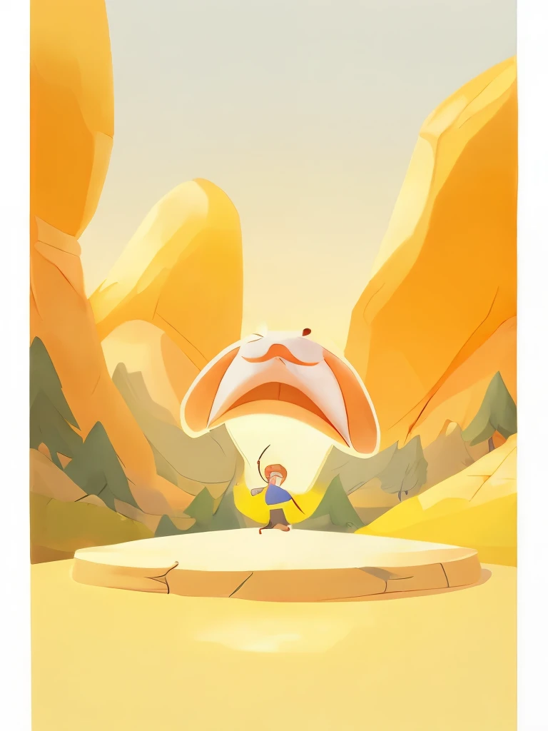 A cute ??? cheering in the middle of the stage，Next to it is a cartoon mountain，illustration style，3D cartoon style，The child is in the middle of the picture