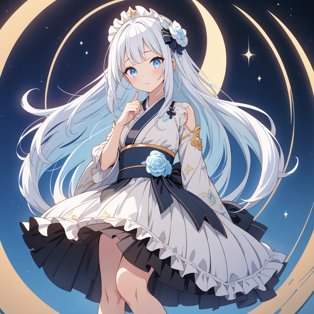 Star Fairy、(masterpiece, best quality), 1girl, 「A beautifully printed galaxy patterned kimono and gothic ta outfit.、Space pattern box pleated mini skirt with ruffles、Standing in front of the viewer、Knee-high boots、Captivating eyes、Perfect and stunning face、Exquisite details、Clear images、highest quality。」Milky white and blue gradient long straight hair、