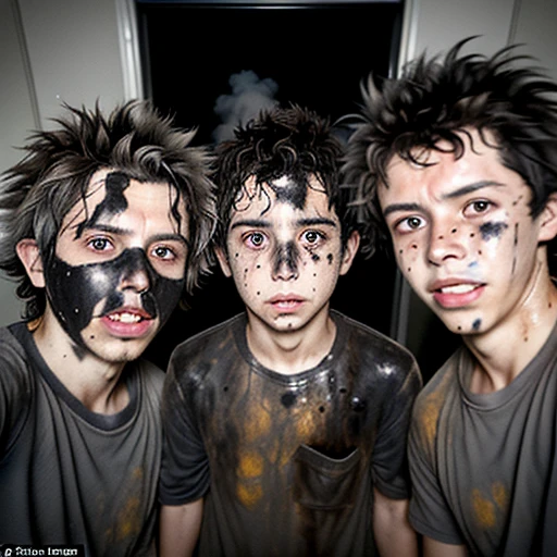 Selfie of three boys covered in soot and with messy hair after being caught in an explosion