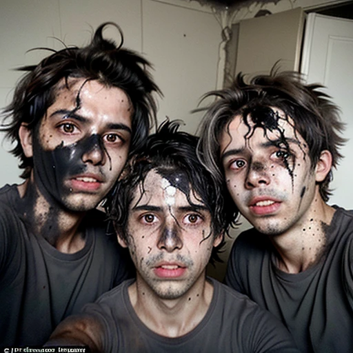 Selfie of three boys covered in soot and with messy hair after being caught in an explosion
