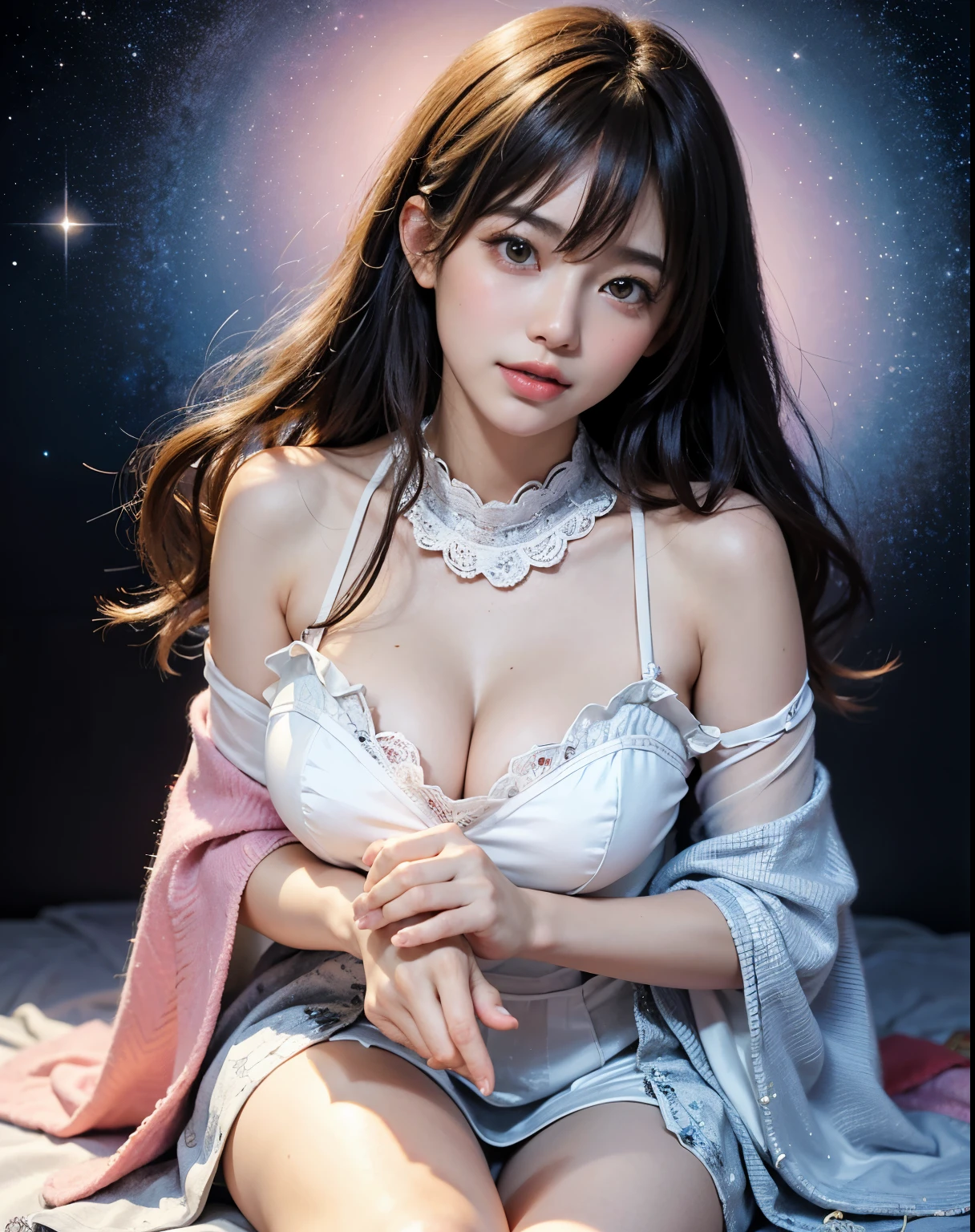 super highest quality、face focus、ultra high resolution(realistic1.5)、Raw photo、japanese woman、12Year、one person、cute、wavy hair、Thigh Shine、sparkle in the eyes、Baby-faced but beautiful face、High resolution skin texture、explain the whole body、(big breasts1.3)、Bitchy outfit