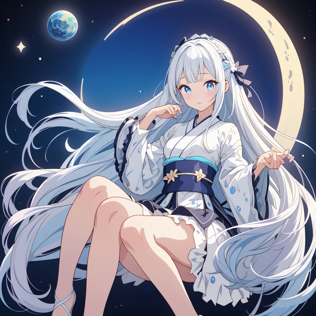 sitting on the crescent moon、(masterpiece, best quality), 1girl, 1girl、vtuber-fullbody、Star Fairy、「A beautifully printed galaxy patterned kimono and gothic ta outfit.、Space pattern box pleated mini skirt with ruffles、Front full body portrait、enchanting eyes、Perfect and stunning face、exquisite details、clear image、highest quality。」Milky white and light blue gradient straight long hair、
