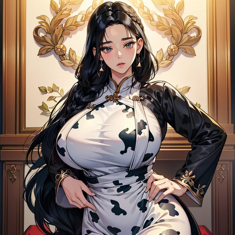 (anime moe style)),((game CG)),(masterpiece),(highest quality), (Super detailed),shape,((very delicate and beautiful)), , very shy look,looking at the viewer,(((18 years old female)),((whole body)),detailed face and eyes,eyes like jewels,(loosely braided long hair),,,(super huge breasts,long and slightly saggy breasts) Overall image Black hair and dark eyes plump body Durable slave collar Gorgeous cow print outfit Elegant cow print outfit Ao dai Provocative pose