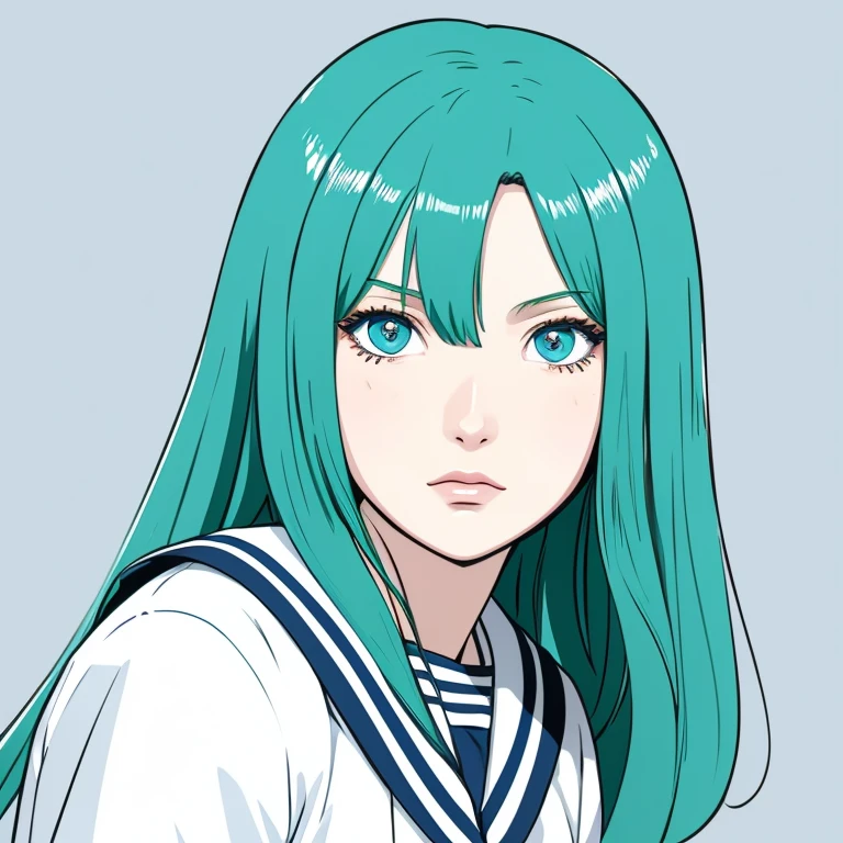 girl, blue and black odd eyes, green hair, simple illustration
