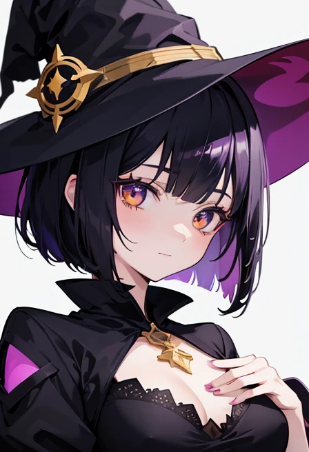 Witch's outfit, Anime-style portrait of a girl with a deep violet bob cut, {Golden eyes}, bright eyes, baby-faced, eye contact with the camera, subtle smile, with Deathscythe, minimalistic background to emphasize character, high contrast, clean lines, digital painting, vivid colors