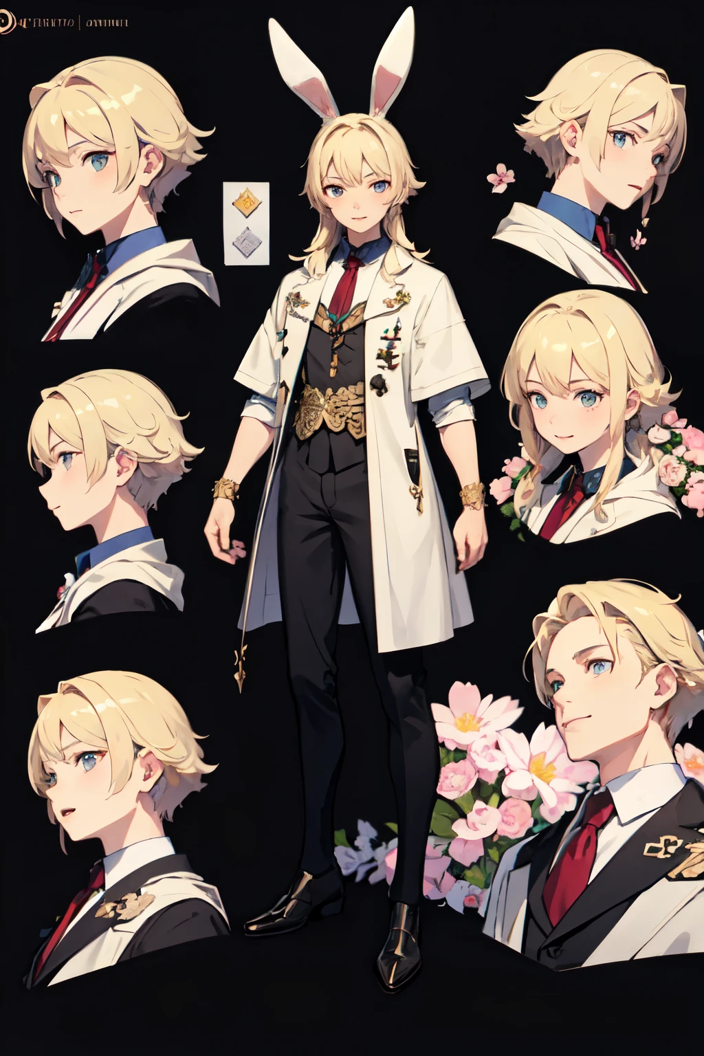 ((best quality)), ((masterpiece)), (detailed), perfect face, male, bunny ears, character sheet, full body, happy, flowers, easter outfit, boy