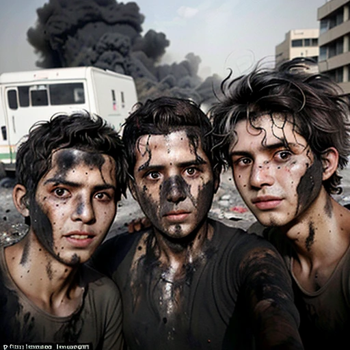 Selfie of three boys covered in soot and with messy hair after a bomb attack