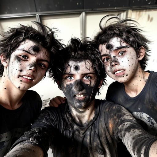 Selfie of three boys covered in soot and with messy hair after being caught in an explosion