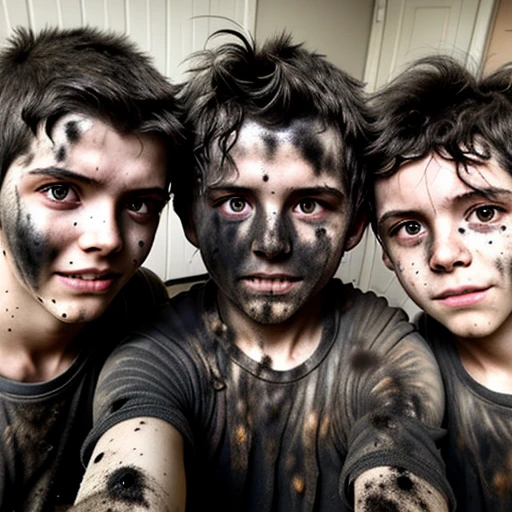 Selfie of three boys covered in soot and with messy hair after being caught in an explosion