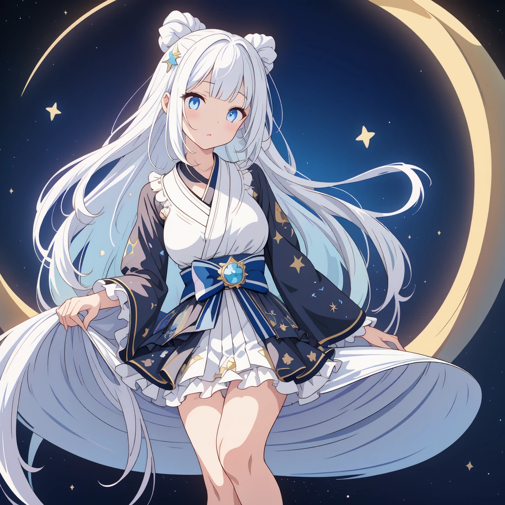 sitting on the crescent moon、(masterpiece, best quality), 1girl,  1girl、vtuber-fullbody、Star Fairy、「A beautifully printed galaxy patterned kimono and gothic lolita outfit.、Space pattern box pleated mini skirt with ruffles、Front full body portrait、enchanting eyes、Perfect and stunning face、exquisite details、clear image、highest quality。」Milky white and light blue gradient straight long hair、
