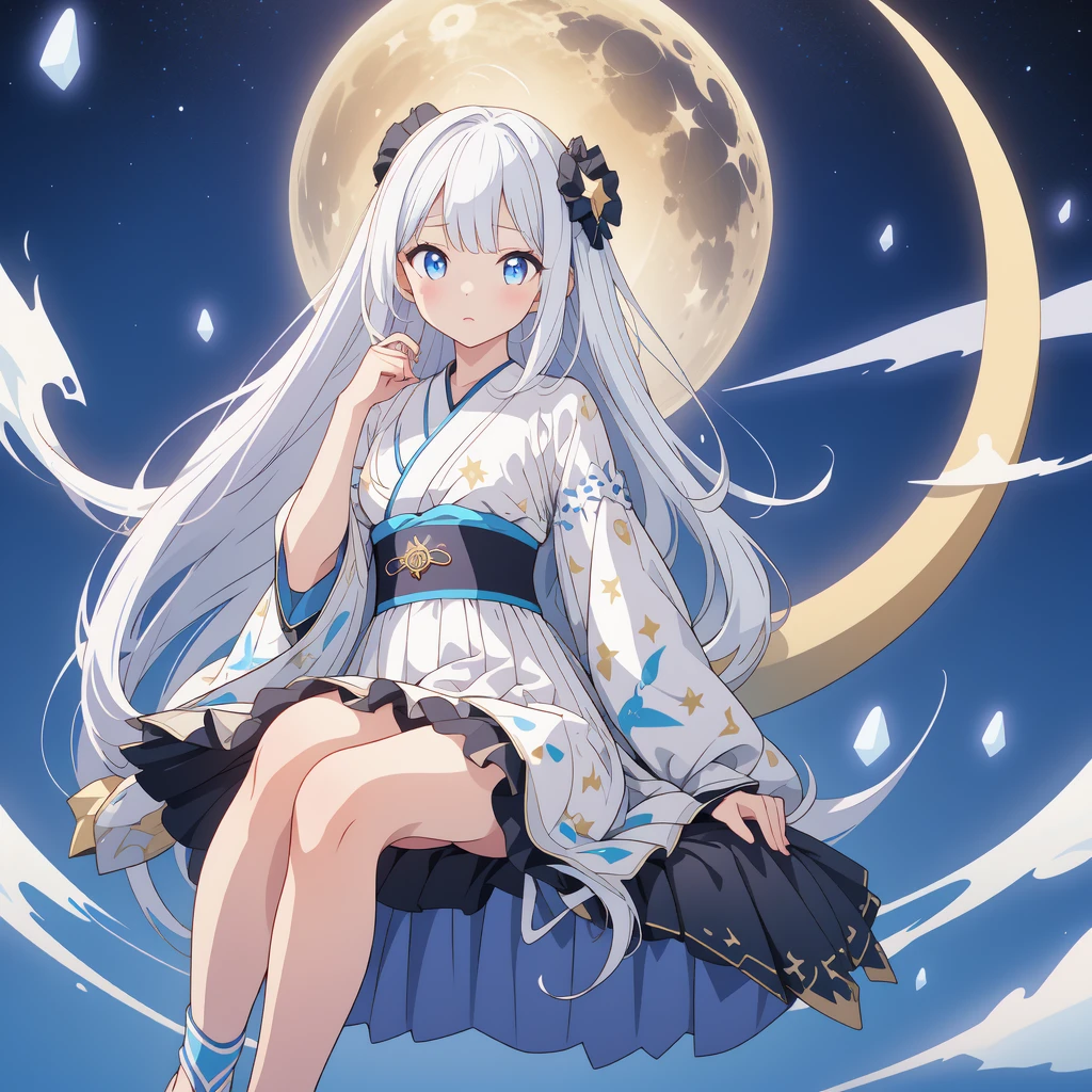 sitting on the crescent moon、(masterpiece, best quality), 1girl,  1girl、vtuber-fullbody、Star Fairy、「A beautifully printed galaxy patterned kimono and gothic ****ta outfit.、Space pattern box pleated mini skirt with ruffles、Front full body portrait、enchanting eyes、Perfect and stunning face、exquisite details、clear image、highest quality。」Milky white and light blue gradient straight long hair、