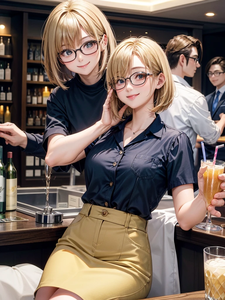 20 year old female、shiny hair quality、Beautiful Blonde Hair、bob hair、Glasses、Glasses美人、woman drinking alcohol、Party Peepo、shirt、skirt、cute、smile、perfect skeleton
