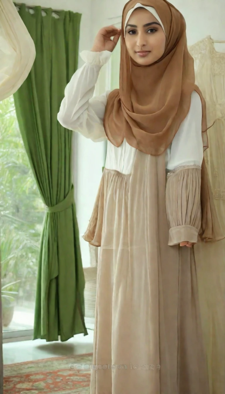 there is a woman in a hijab is standing in a room, dress and cloth, medium shot taken from behind, soft silk dress, formal attire, dress in voile, traditional clothes, long dress with apron, rear-shot, green and brown clothes, refreshing colour, very detailed and rich clothing, mid-view, desaturated!, full covered dress, female outfitNo skirt, playing spill vaginaing vagina with ijabers, muslimah playing vagina