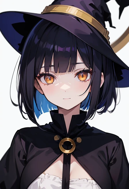 Witch's outfit, Anime-style portrait of a girl with a deep violet bob cut, {Golden eyes}, bright eyes, baby-faced, eye contact with the camera, subtle smile, {Deathscythe}, minimalistic background to emphasize character, high contrast, clean lines, digital painting, vivid colors