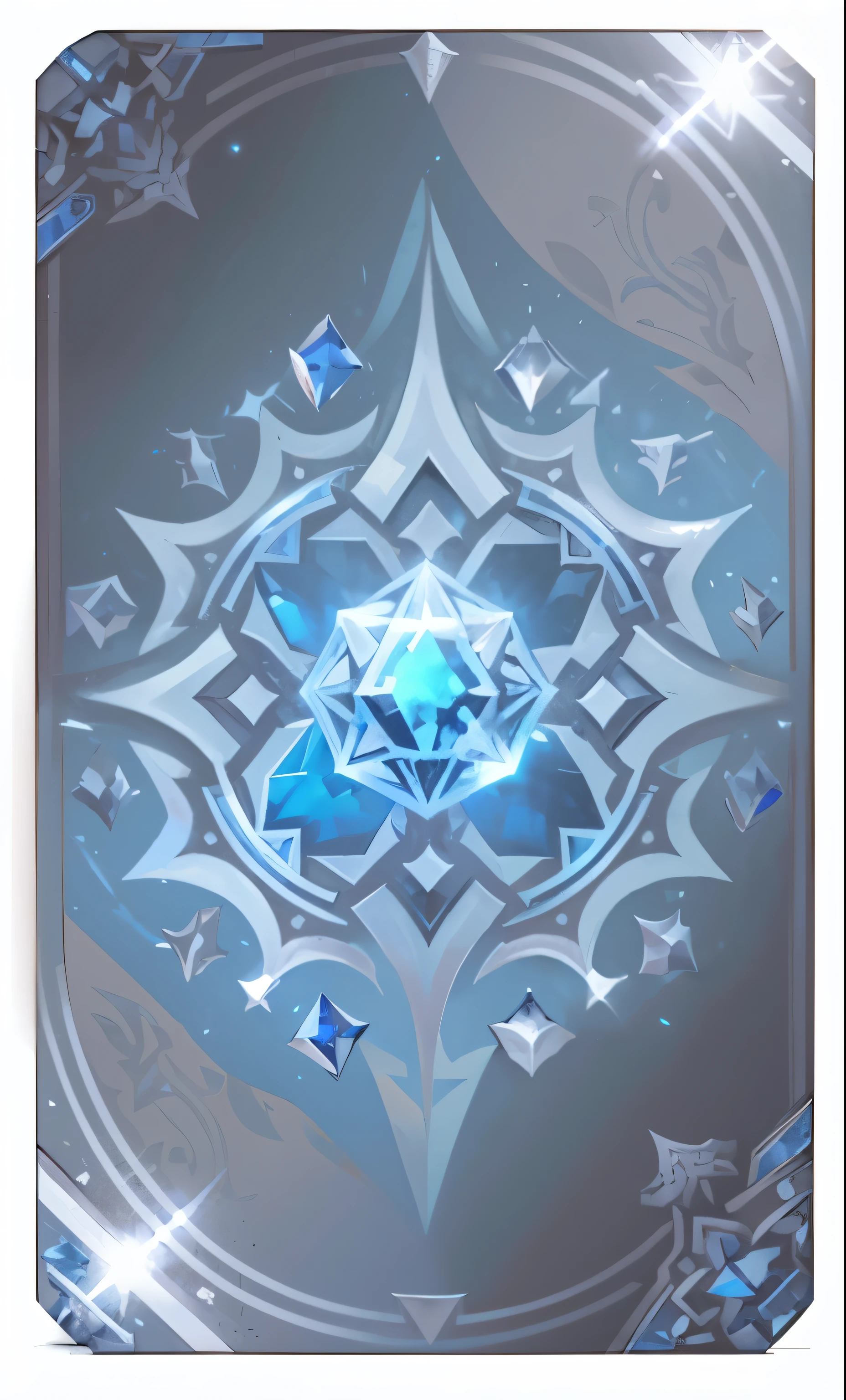 Close up of diamonds on silver background with blue background, Full card design, Frost Gem, Silver ice reflective armor, complete art, tarot card background, Fantasy game spell symbols, front game card, Holographic runes, card art, There are silver runes on it, Tarot card design, Oblique symmetry!! concept art,