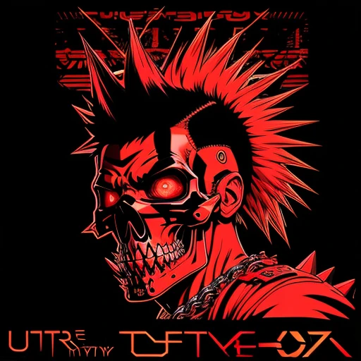official art, unity 8k wallpaper, ultra detailed, aesthetically pleasing, High quality, masterpiece, best quality, Punk skull with red mohawk, side view, 1man, looking left, wide open mouth, detailed teeth, empty eye sockets, black and red graphic style, high contrast, (best quality, 4k, 8k, high resolution, masterpiece:1.2), ultra-detailed, illustration, HDR, UHD, sharp focus, bold lines, (punk, rebellious, aggressive:1.2), hot color tones,