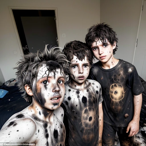 Selfie of three boys covered in soot and with messy hair after being caught in an explosion in their bedroom
