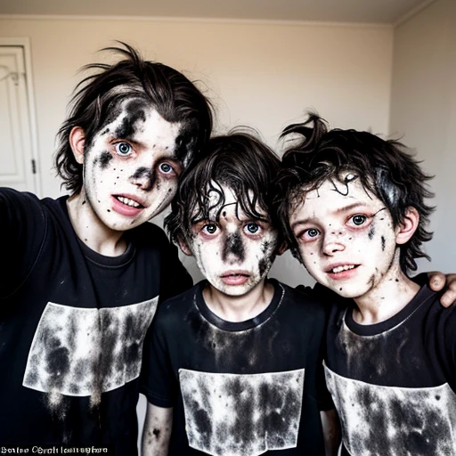 Selfie of three boys covered in soot and with messy hair after being caught in an explosion in their bedroom