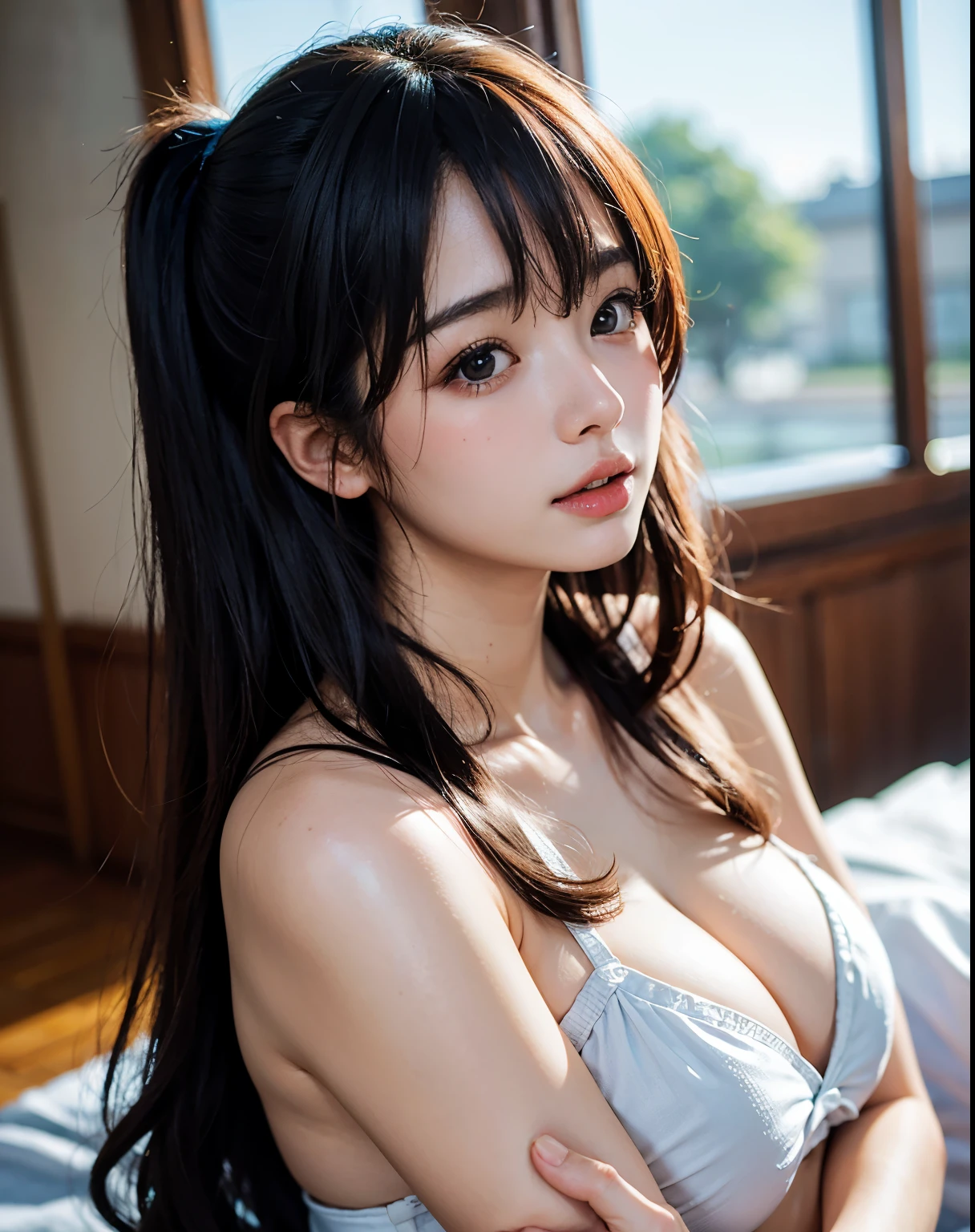 super highest quality、face focus、ultra high resolution(realistic1.5)、Raw photo、japanese woman、12Year、one person、cute、wavy hair、Thigh Shine、sparkle in the eyes、Baby-faced but beautiful face、High resolution skin texture、explain the whole body、(big breasts1.3)、sexual climax、bitch、
