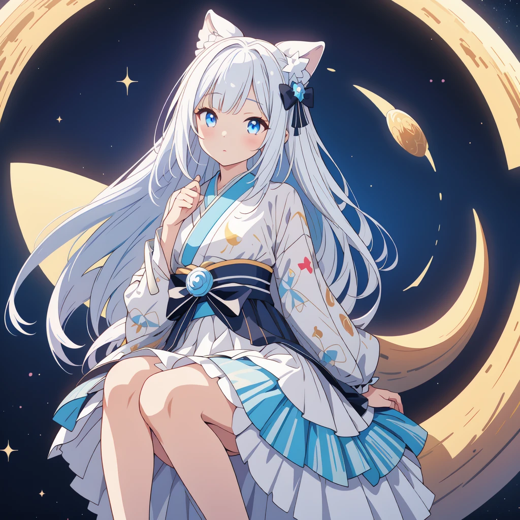 sitting on the crescent moon、(masterpiece, best quality), 1girl, 1girl、vtuber-fullbody、Star Fairy、「A beautifully printed galaxy patterned kimono and gothic ta outfit.、Space pattern box pleated mini skirt with ruffles、Front full body portrait、enchanting eyes、Perfect and stunning face、exquisite details、clear image、highest quality。」Milky white and light blue gradient straight long hair、