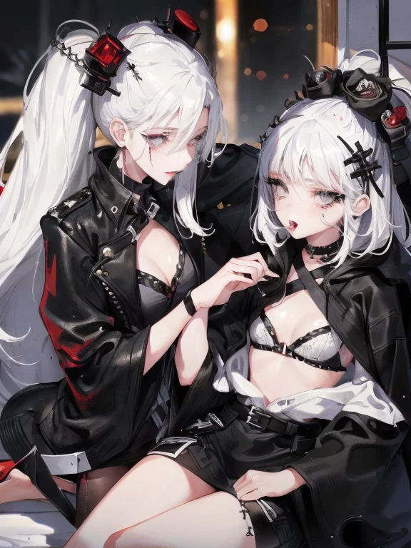 Two women kisasterpiece, best quality, high quality, ultra detailed, 1girl, looking at viewer, white hair, gray eyes, black lipstick, black shirt, sitting on a white floor, demon girl, gothcore, 1 7 - year - old, goth girl, japanese gothic, gothic punk style, black metal style, hands on head,.yurikiss、Girl kissing girl、